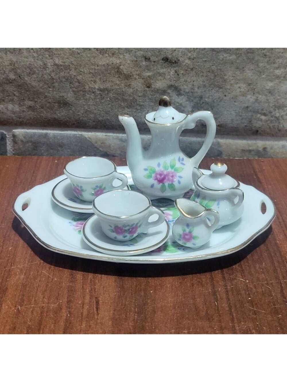 VTG Miniature Porcelain Tea Set Pink Floral Rose Gold Trim Tray 10 pc Dollhouse